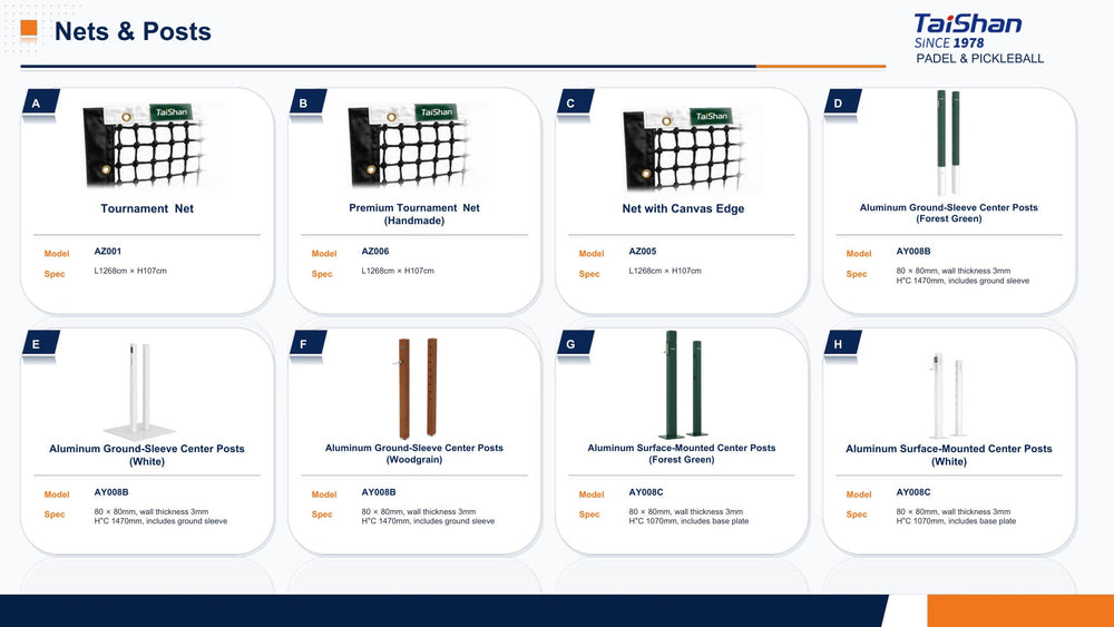 Filets et poteaux Padel Taishan - catalogue 2026